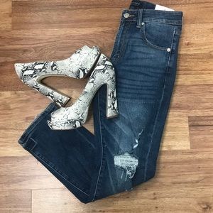 High Rise Cropped Cigarette Leg Distressed Jeans